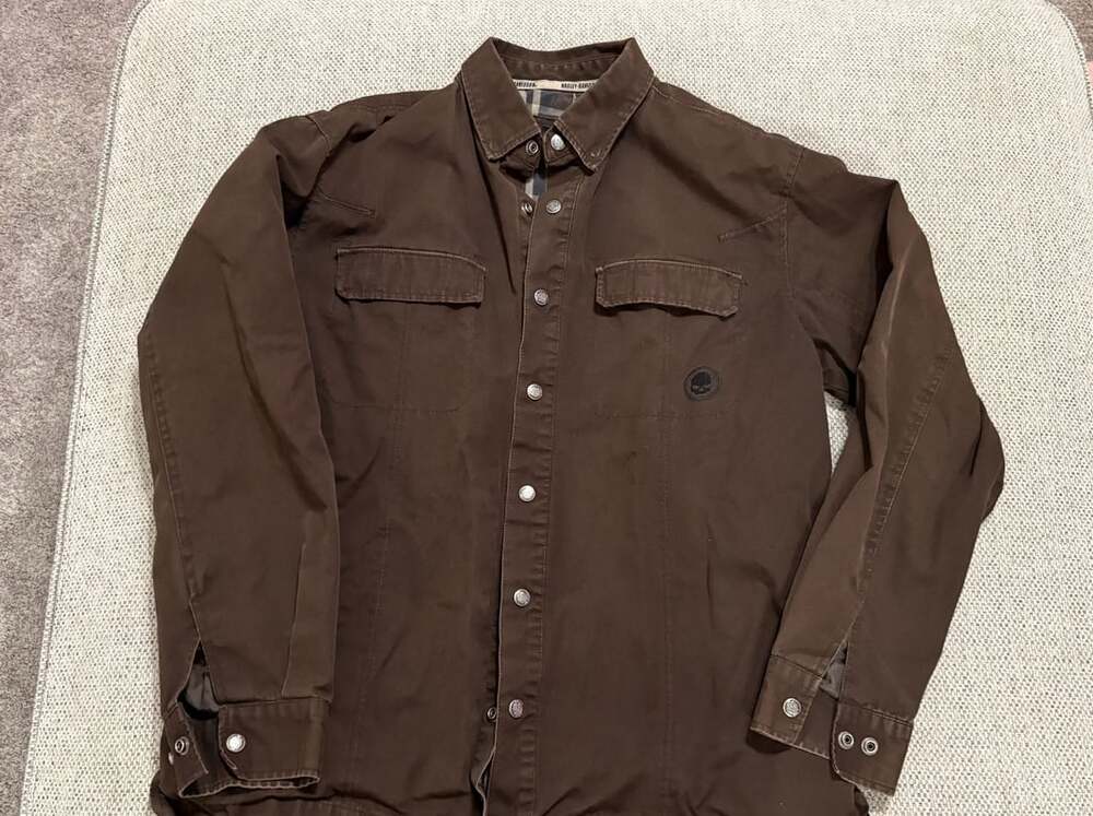 Harley-Davidson Men's Brown Cotton Twill Flannel Lined Shirt Jacket Snap Front L